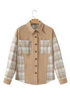 Light French Beige Plaid Colorblock Shirt Collar Shift Shacket