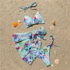 3 Piece Women Bikini Modern Swimsuit Women High Cut  Suit Halter Swimwear Women's Bikini Swimsuits With Wrap Skirt Lace Up Pieces Strings High Cut Bikini Set Bathing Suits Female Triangle Backless Bathing Suit