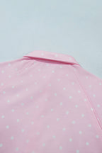 Pink Polka Dot Print Metal Button Collar Casual Pullover Sweatshirt