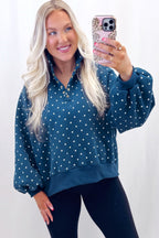 Pink Polka Dot Print Metal Button Collar Casual Pullover Sweatshirt