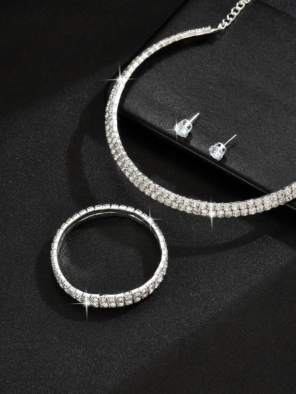 European And American Cross-Border Jewelry Three-Row Rhinestone Necklace Zircon Earrings Bracelet Elastic Ring Bridal Suit Dress Accessories