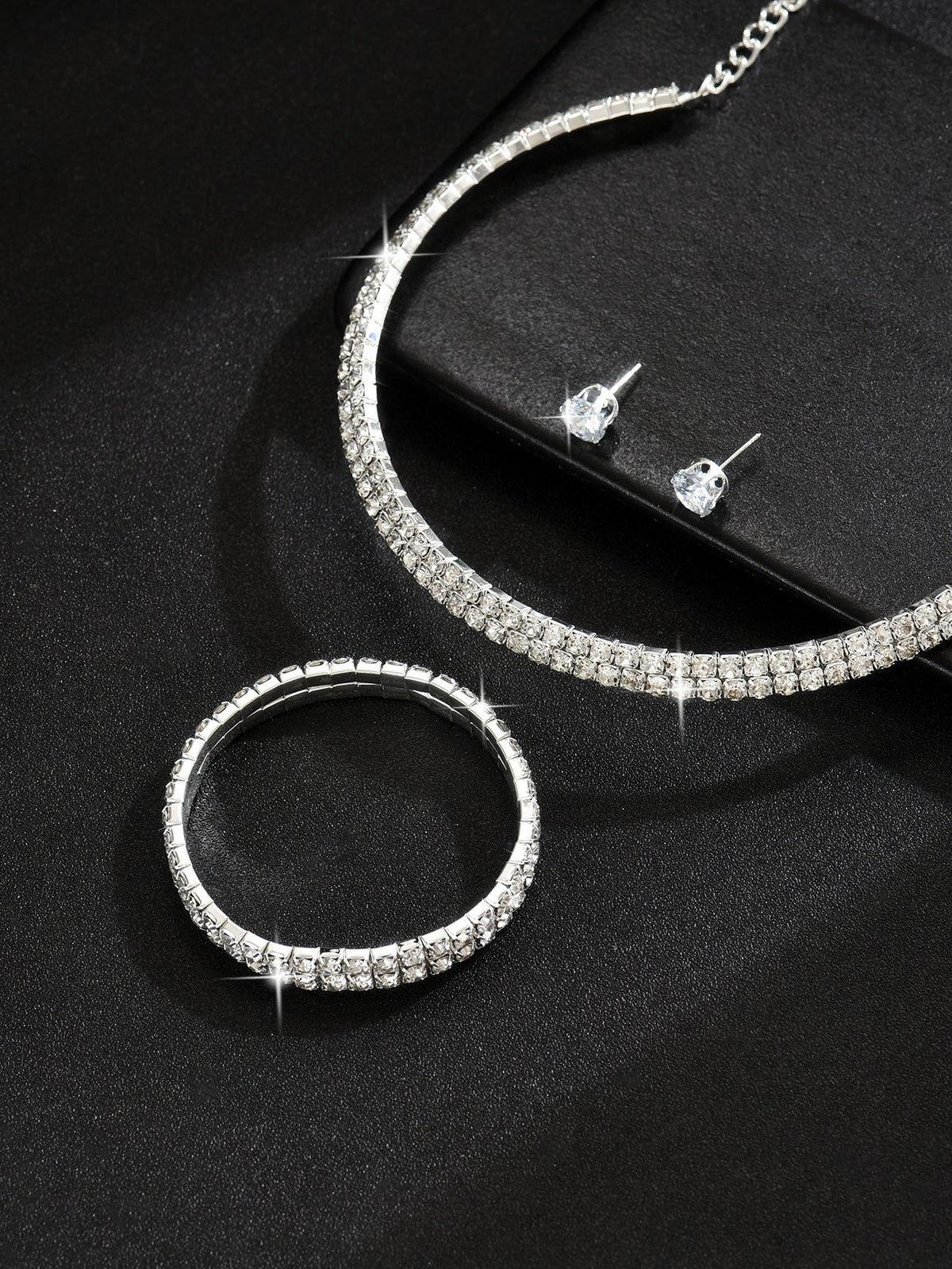 European And American Cross-Border Jewelry Three-Row Rhinestone Necklace Zircon Earrings Bracelet Elastic Ring Bridal Suit Dress Accessories