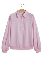 Pink Polka Dot Print Metal Button Collar Casual Pullover Sweatshirt