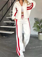 Full Size Contrast Stripe Zip Up Jacket and Pants Set Plus Size