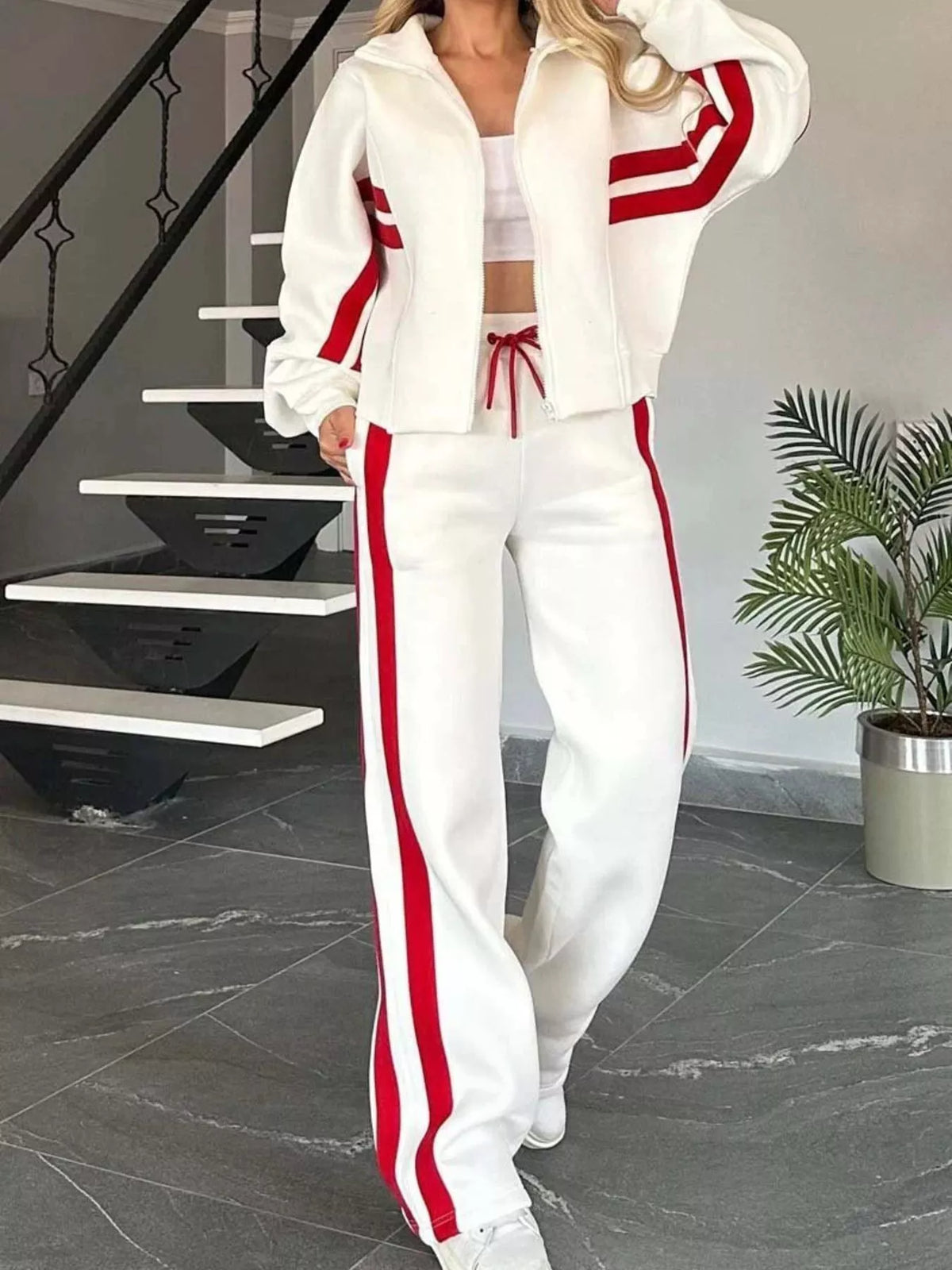 Full Size Contrast Stripe Zip Up Jacket and Pants Set Plus Size
