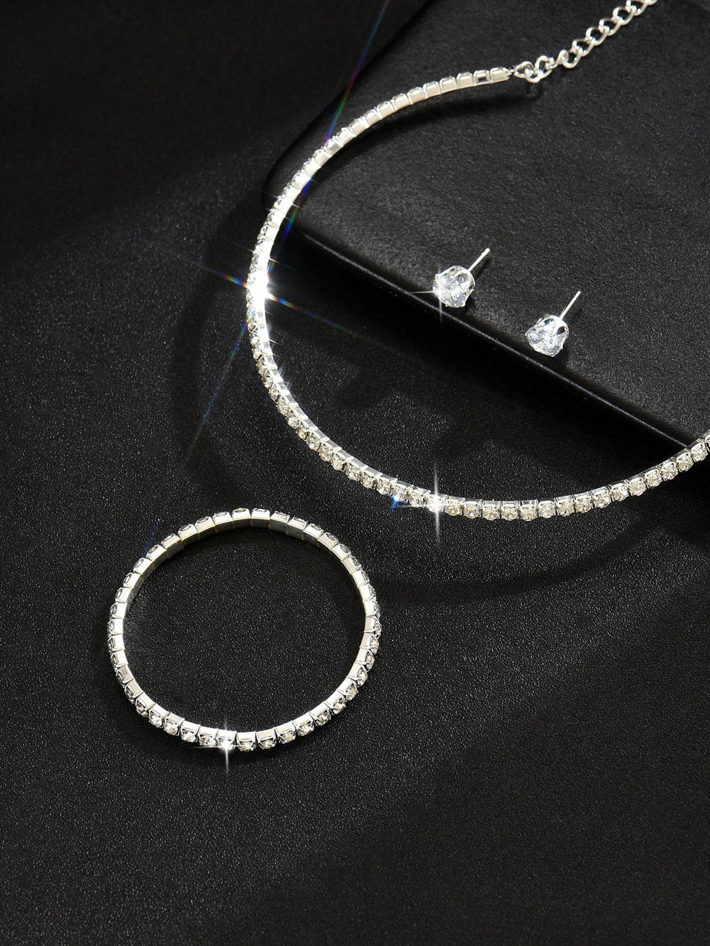European And American Cross-Border Jewelry Three-Row Rhinestone Necklace Zircon Earrings Bracelet Elastic Ring Bridal Suit Dress Accessories