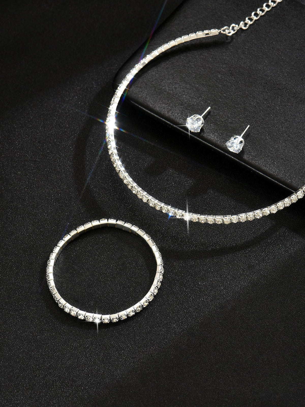 European And American Cross-Border Jewelry Three-Row Rhinestone Necklace Zircon Earrings Bracelet Elastic Ring Bridal Suit Dress Accessories