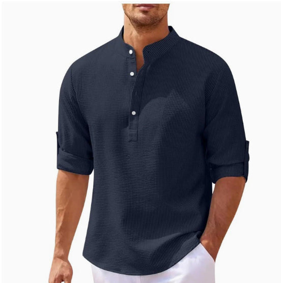 Men's Casual Shirt  Long Sleeve Stand Collar Solid Color Shirt Mens Clothing