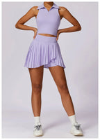 Outdoor Breathable Golf Wear Tennis Sport Sets Women Turn Down Collar Sleeveless Top Short 2 in 1 Skirt Running Fitness Set