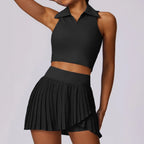 Outdoor Breathable Golf Wear Tennis Sport Sets Women Turn Down Collar Sleeveless Top Short 2 in 1 Skirt Running Fitness Set