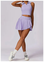 Outdoor Breathable Golf Wear Tennis Sport Sets Women Turn Down Collar Sleeveless Top Short 2 in 1 Skirt Running Fitness Set