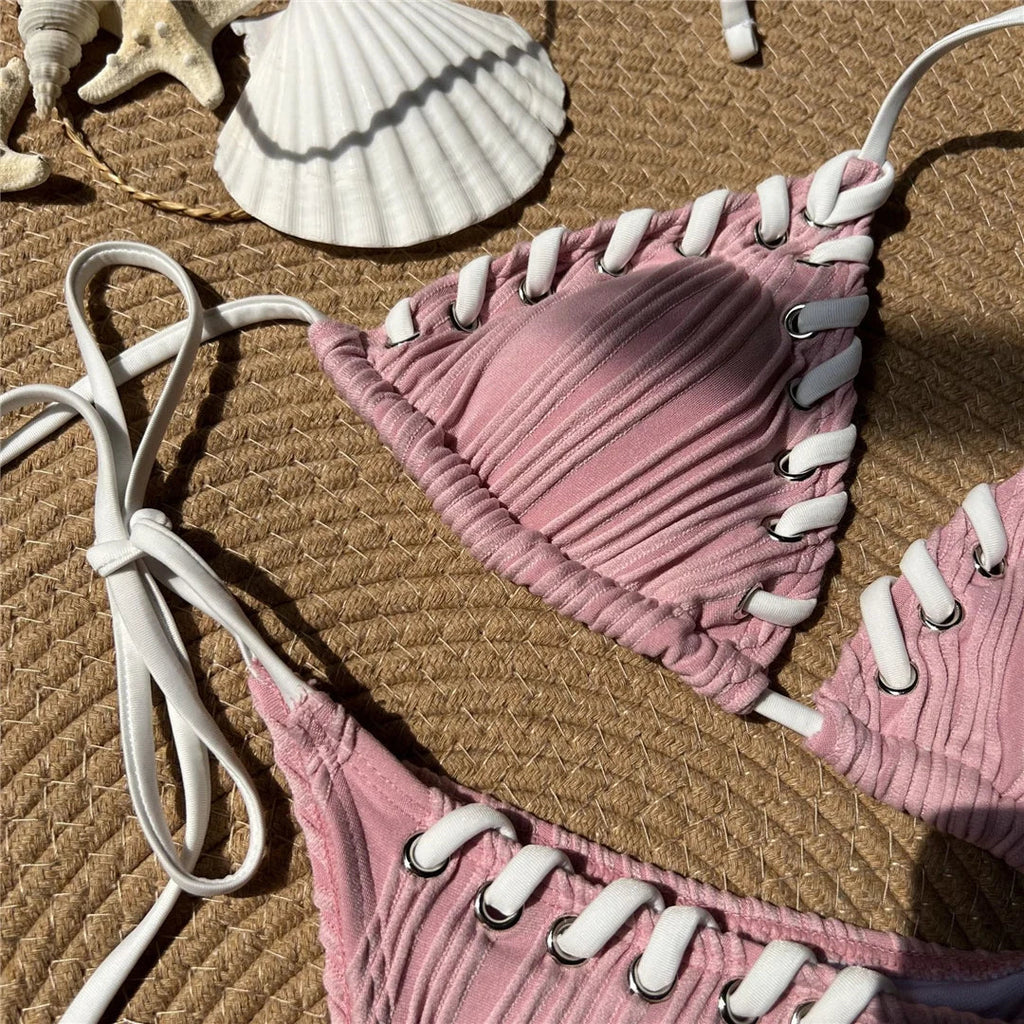8 Colors Halter Ribbed High Leg Cut Bikini Female Swimsuit Women Swimwear Two-pieces Bikini set Bather Bathing Suit Swim V5541Y
