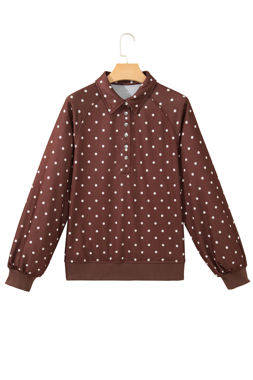 Pink Polka Dot Print Metal Button Collar Casual Pullover Sweatshirt