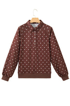 Pink Polka Dot Print Metal Button Collar Casual Pullover Sweatshirt