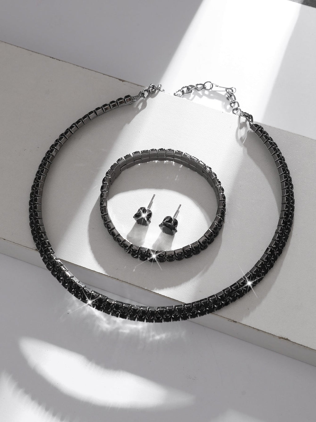 European And American Cross-Border Jewelry Three-Row Rhinestone Necklace Zircon Earrings Bracelet Elastic Ring Bridal Suit Dress Accessories