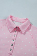 Pink Polka Dot Print Metal Button Collar Casual Pullover Sweatshirt