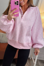 Pink Polka Dot Print Metal Button Collar Casual Pullover Sweatshirt