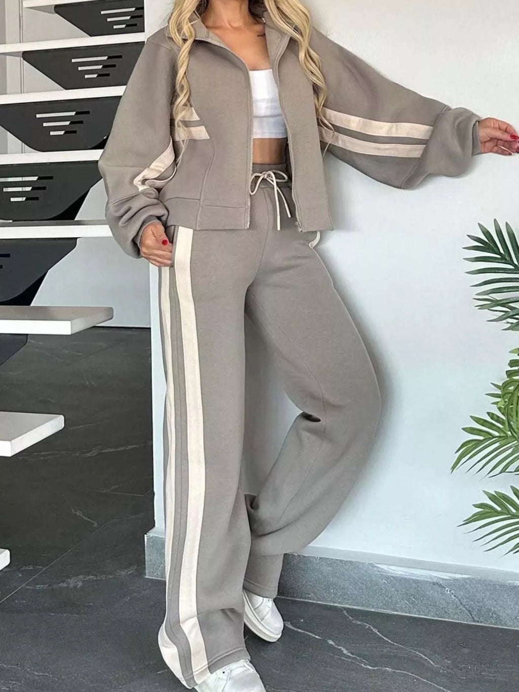 Full Size Contrast Stripe Zip Up Jacket and Pants Set Plus Size