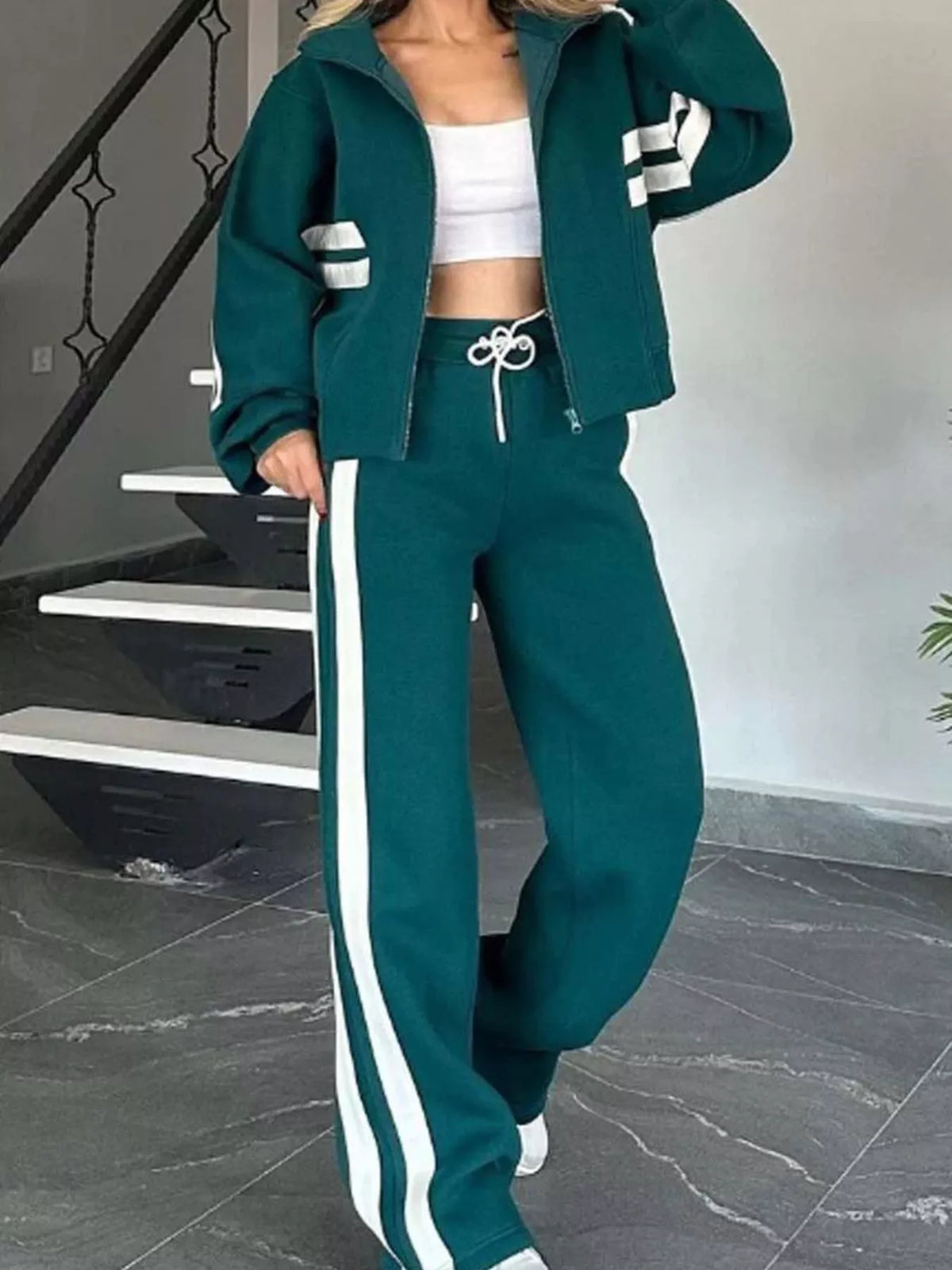 Full Size Contrast Stripe Zip Up Jacket and Pants Set Plus Size
