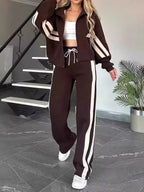 Full Size Contrast Stripe Zip Up Jacket and Pants Set Plus Size