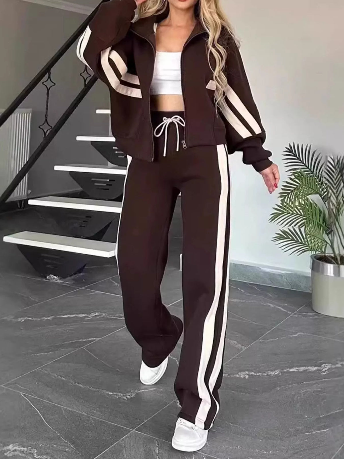 Full Size Contrast Stripe Zip Up Jacket and Pants Set Plus Size