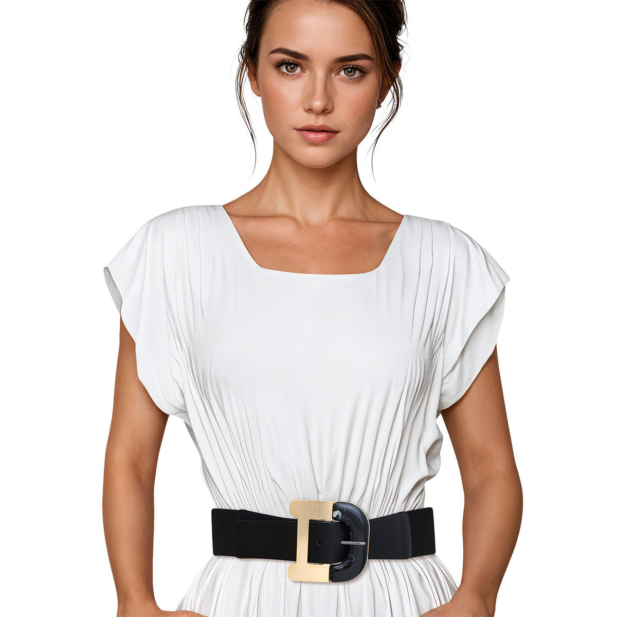 Women’s Wide Black Stretch Belt with Marbled Buckle – Stylish Accessory