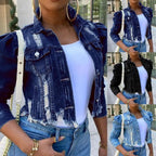 New Incredible Spring Women Sexy Ripped Denim Jackets Vintage Casual Short Jean Jacket Puff Sleeve Winter Female Coat Streetwear