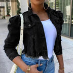 New Incredible Spring Women Sexy Ripped Denim Jackets Vintage Casual Short Jean Jacket Puff Sleeve Winter Female Coat Streetwear
