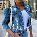 New Incredible Spring Women Sexy Ripped Denim Jackets Vintage Casual Short Jean Jacket Puff Sleeve Winter Female Coat Streetwear